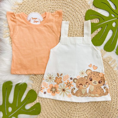 Conj. Blusa e Salopete Oncinhas - Off White e Laranja